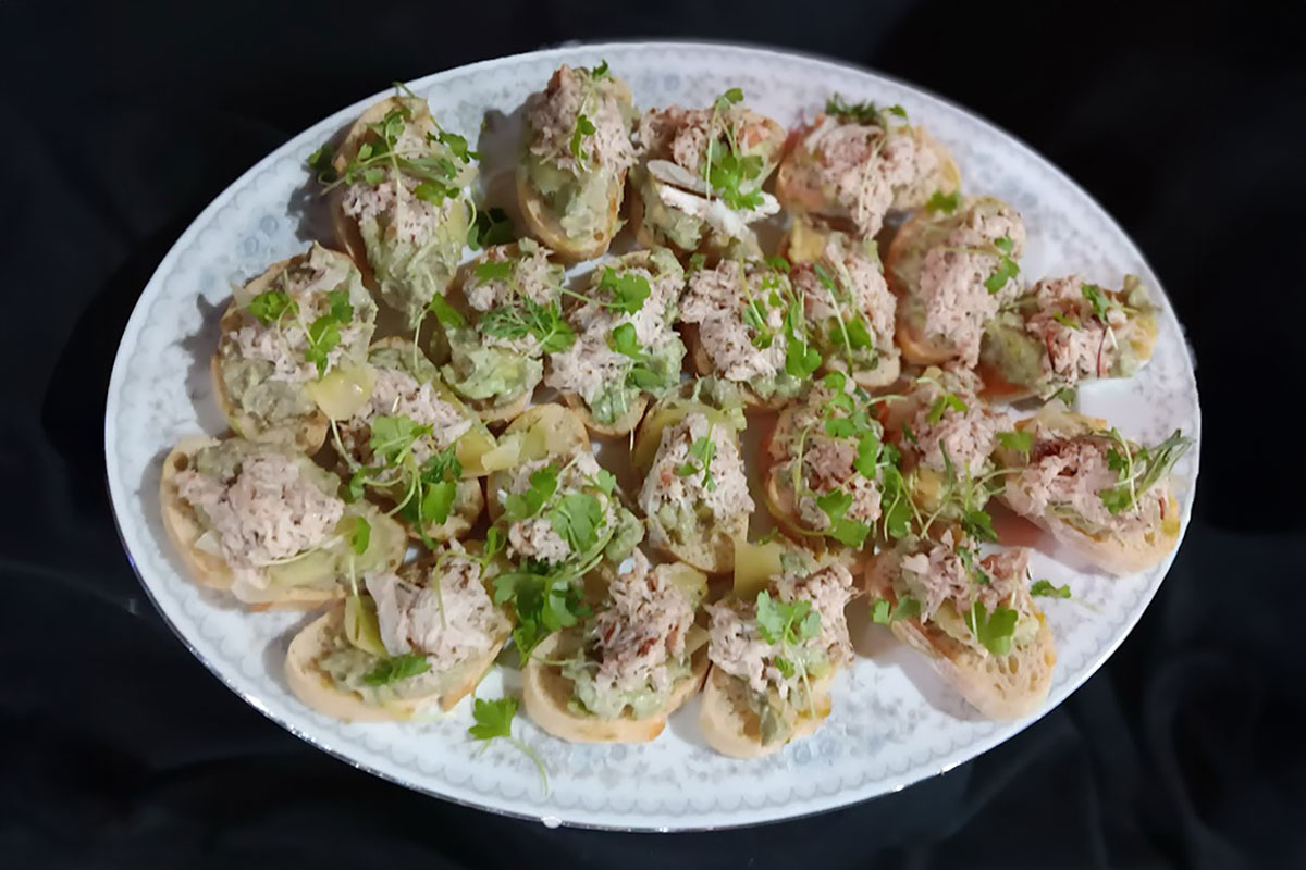 Platter of savory chicken appetizers.
