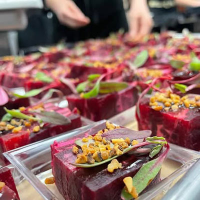 Colorful beetroot dishes with garnishes